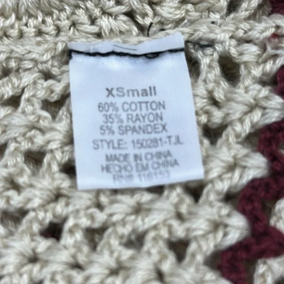 Full Tilt Cream Burgundy Boho Open Crochet Knit Cotton Blend Tank Top Womens XS - Picture 10 of 10